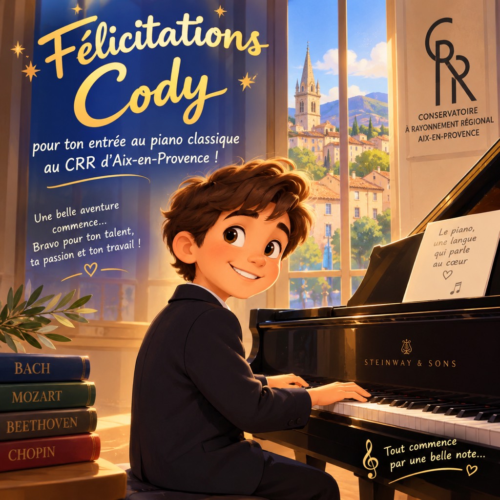 Félicitations Cody pour son entrée en piano classique au CRR d'Aix-en-Provence